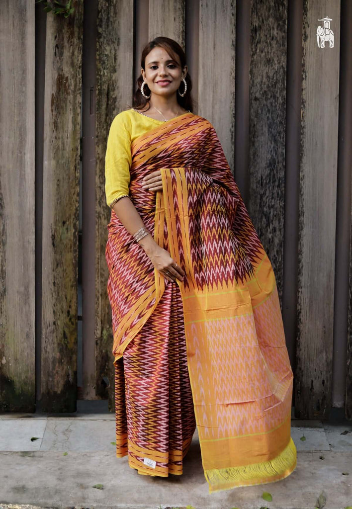 Brown Telia Cotton Saree with Yellow Border