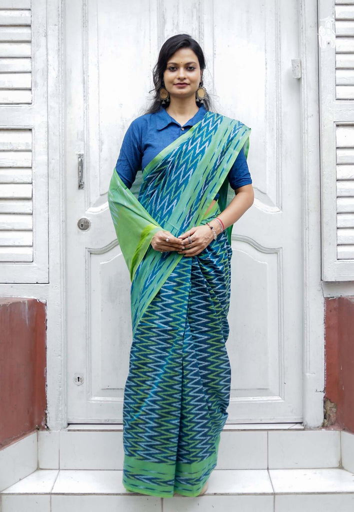 Blue Telia Cotton Saree with Green Border