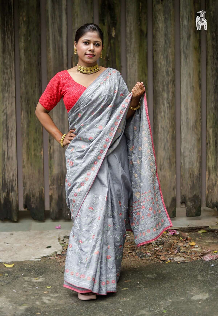 Grey Embroidery Work Saree