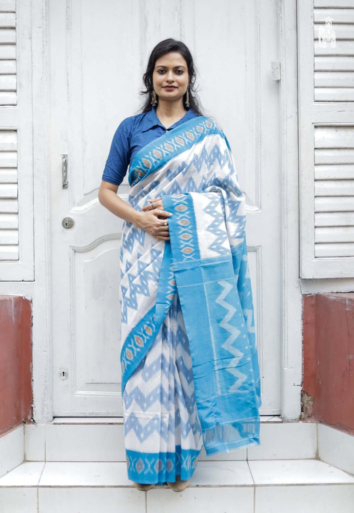 White Telia Cotton Saree with Blue Border