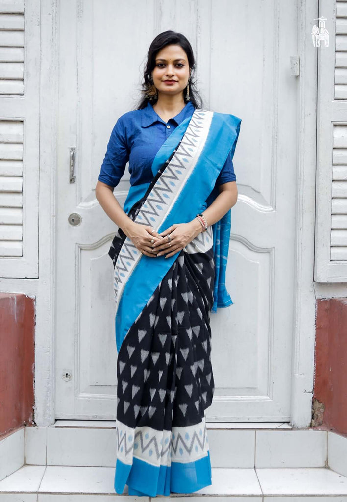 Black Telia Cotton Saree with Blue & White Border