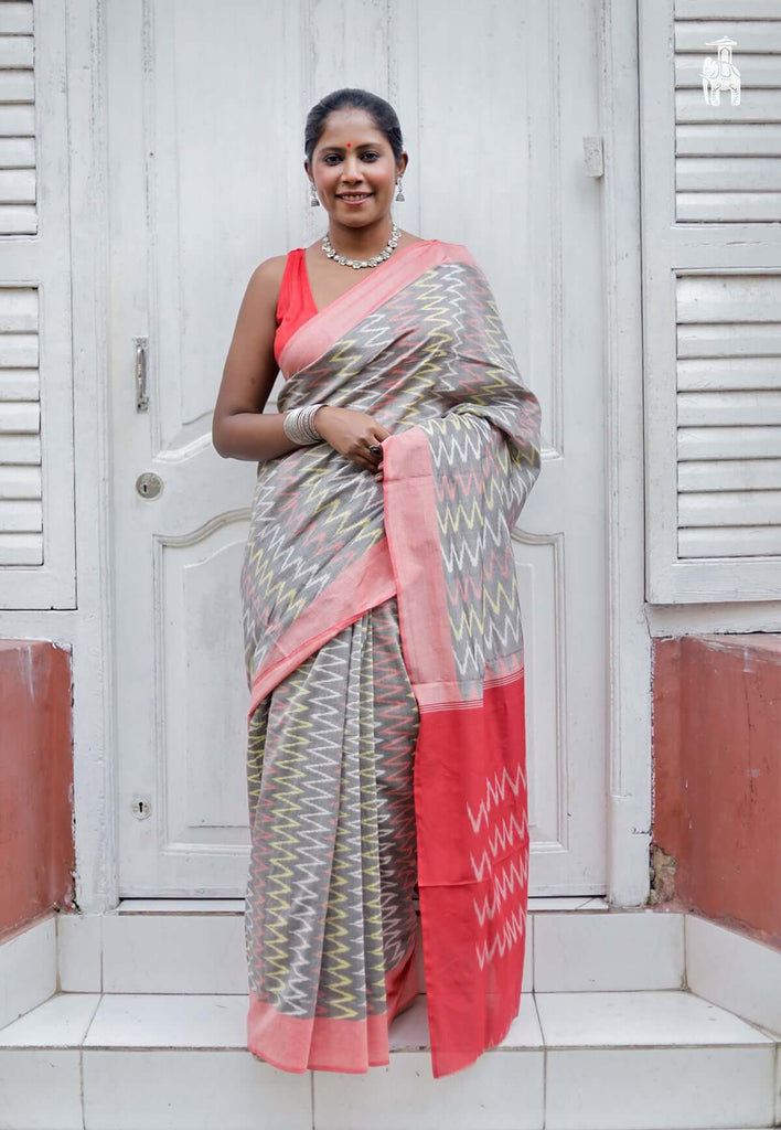 Grey Telia Cotton Saree with Red Border