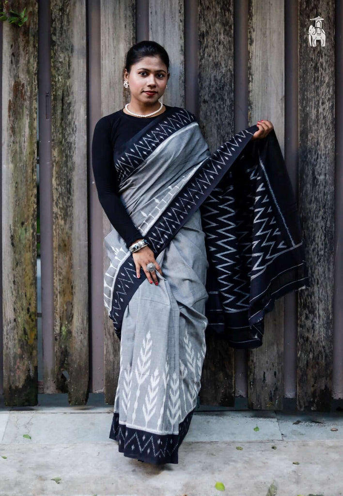 Grey Telia Cotton Saree with Black Border