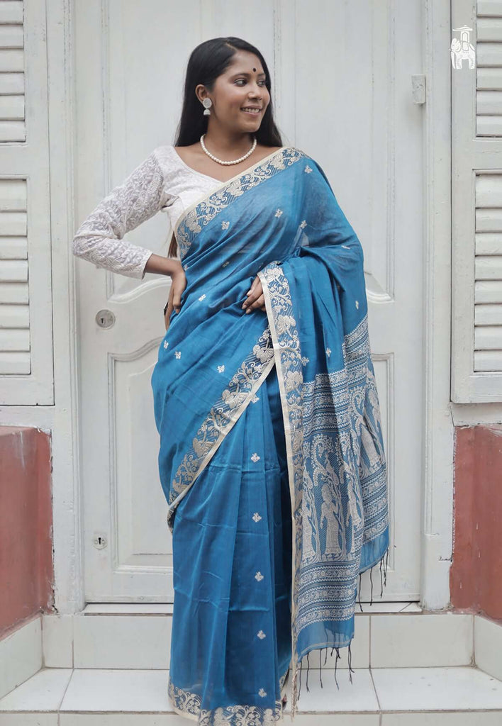 Blue Khadi Cotton Saree