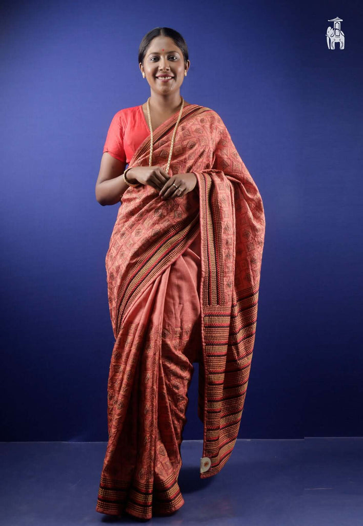 Reddish Pink Kantha Stitch Saree