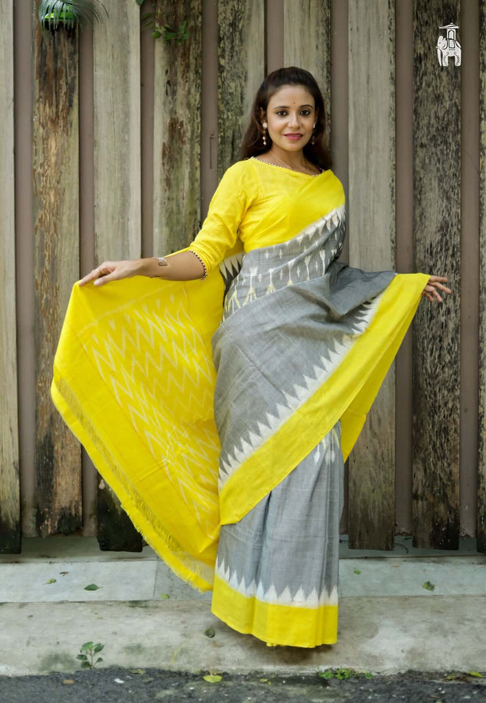 Grey Telia Cotton Saree with Yellow Border