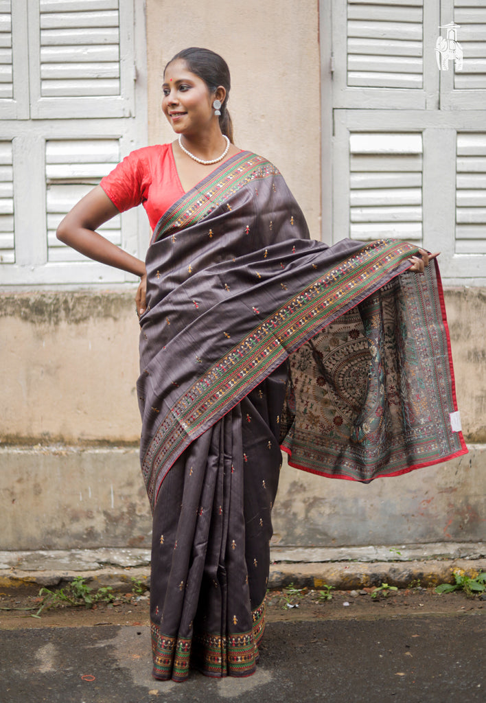 Dark Grey Embroidery Saree