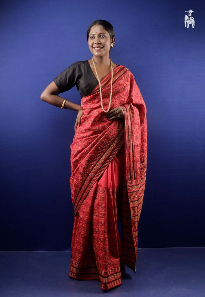 Red Kantha Stitch Saree