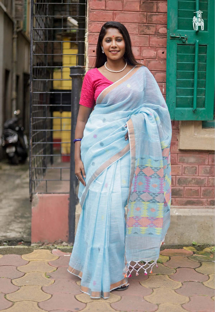 Sky Blue Pure Linen Saree