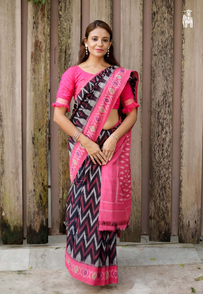 Black Telia Cotton Saree with Pink Border