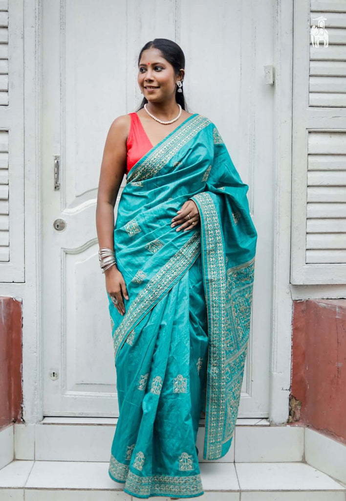 Turquoise Blue Warli Work Tussar Saree