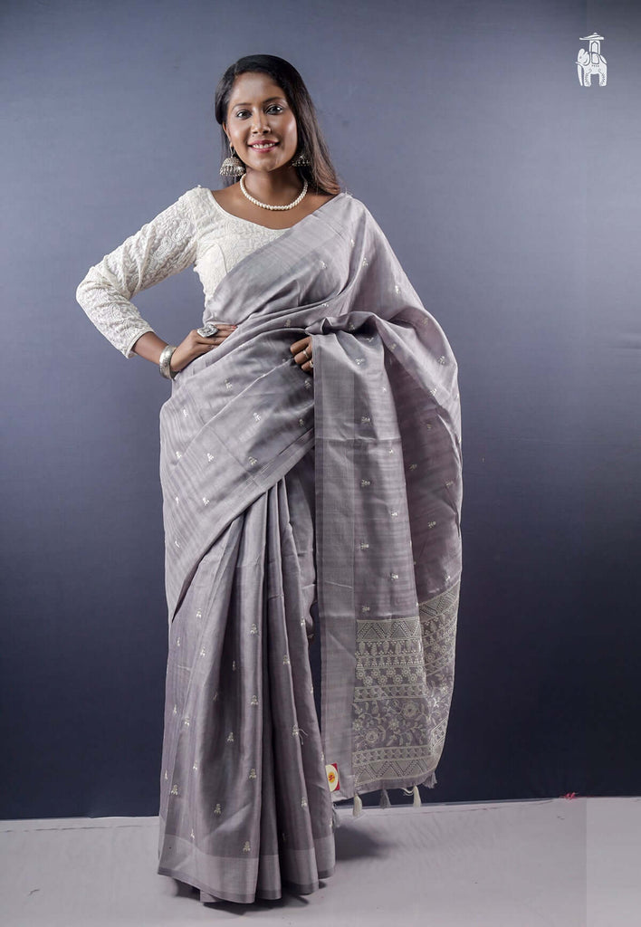 Silver Grey Embroidery Saree