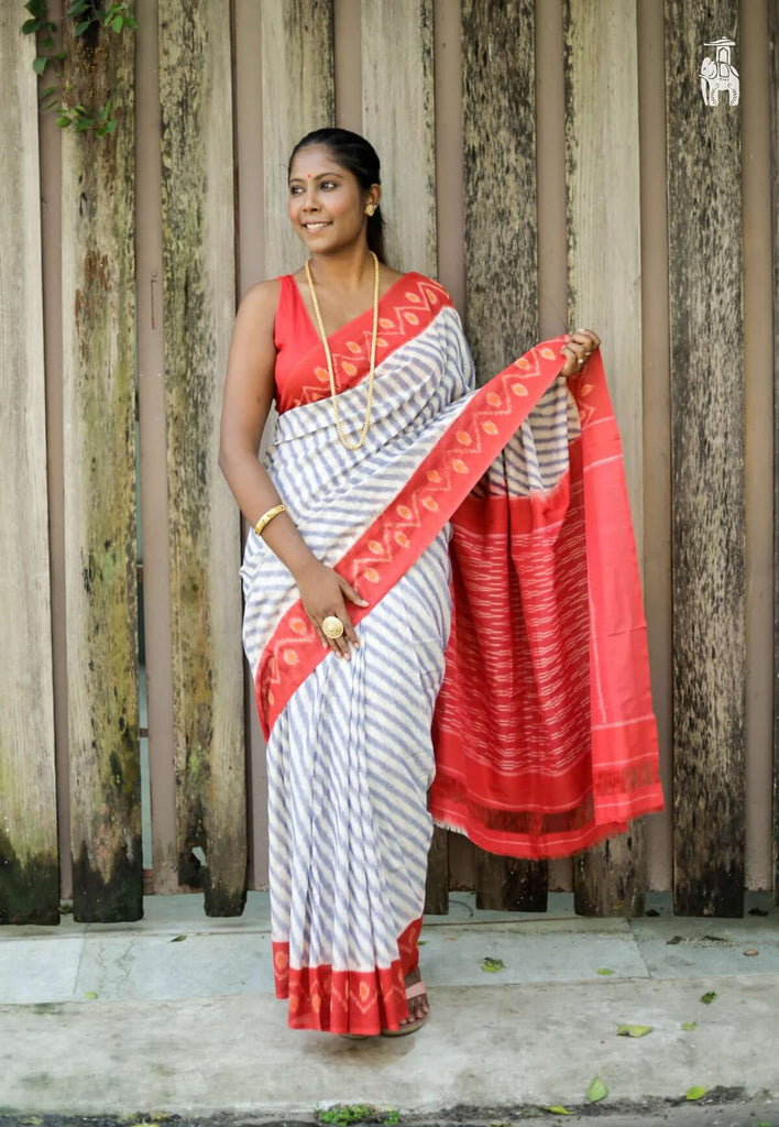 White Telia Cotton Saree with Red Border