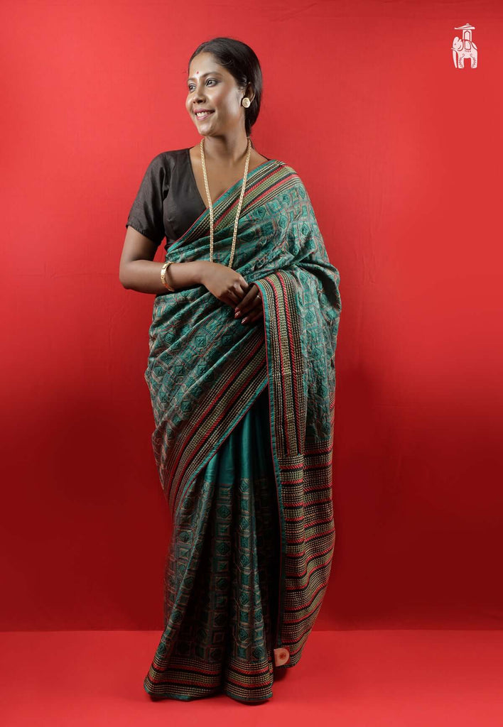 Cyan Blue Katha Stitch Saree