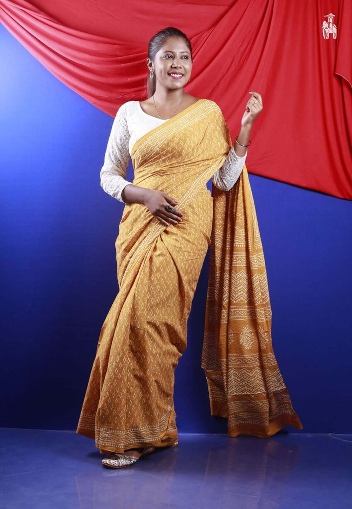 Mustard Yellow Mulmul Cotton Saree