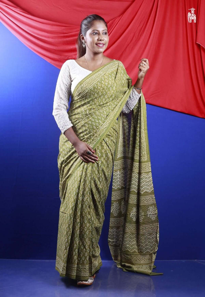 Olive Green Mulmul Cotton Saree