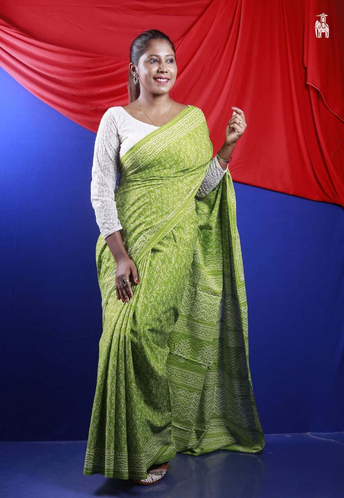 Light Olive Green Mulmul Cotton Saree