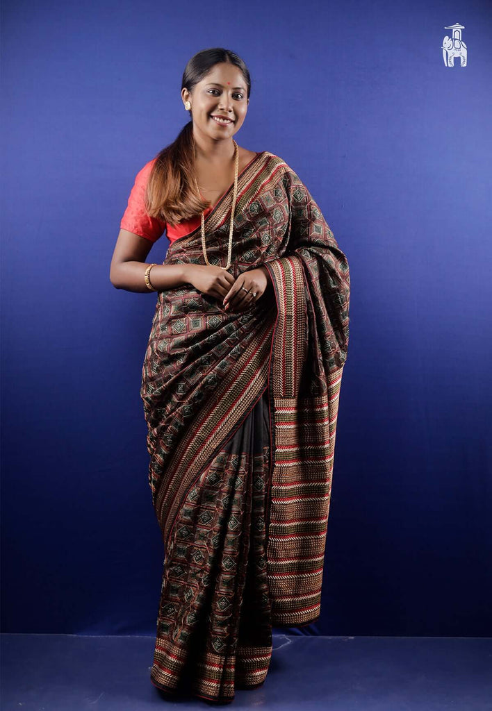 Dark Brown Kantha stitch saree