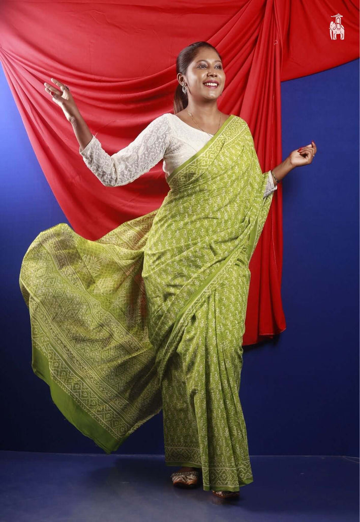 Light Olive Green Mulmul Cotton Saree