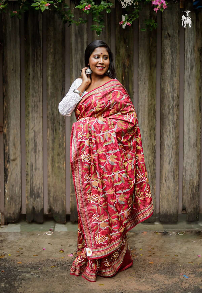 Pinkish Red Kantha Stitch Saree