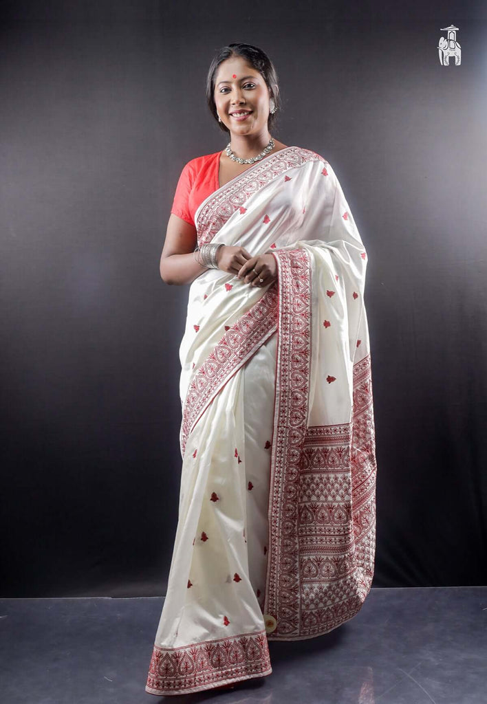 White & Red Embroidery Saree