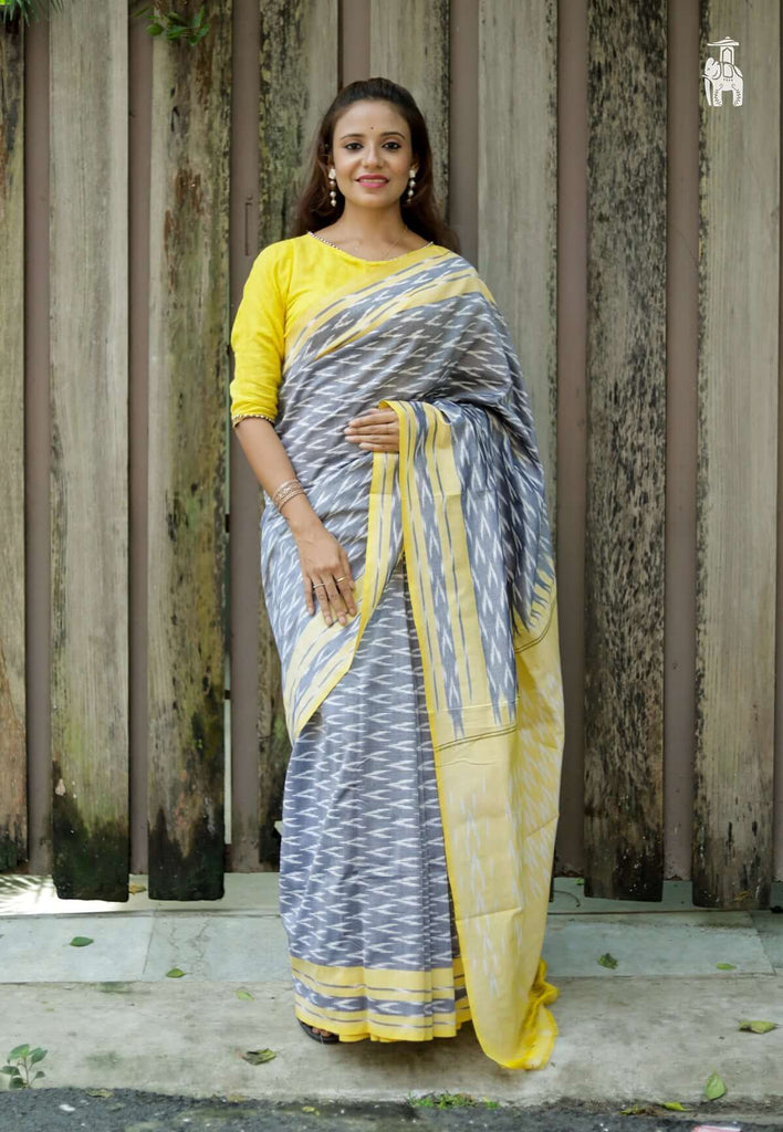 Grey Telia Cotton Saree with Yellow Border