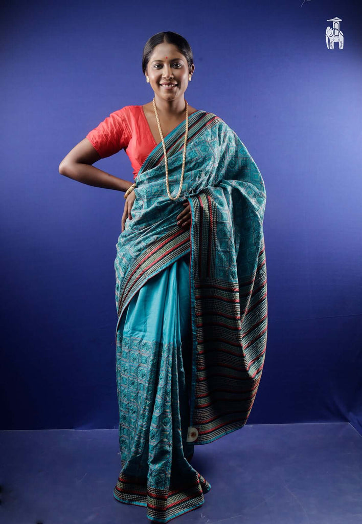 Turquoise Kantha Stitch Saree