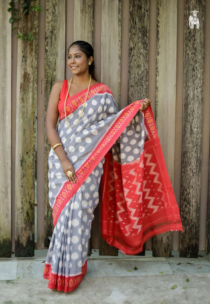 Grey Telia Cotton Saree with Red Border