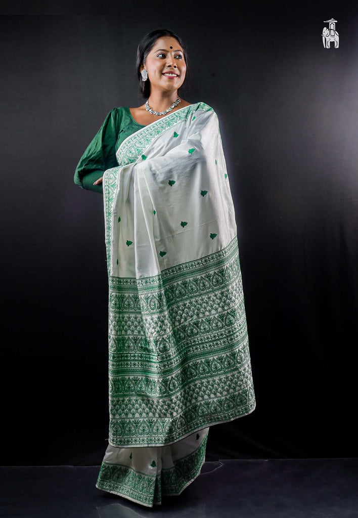 White & Green Embroidery Saree