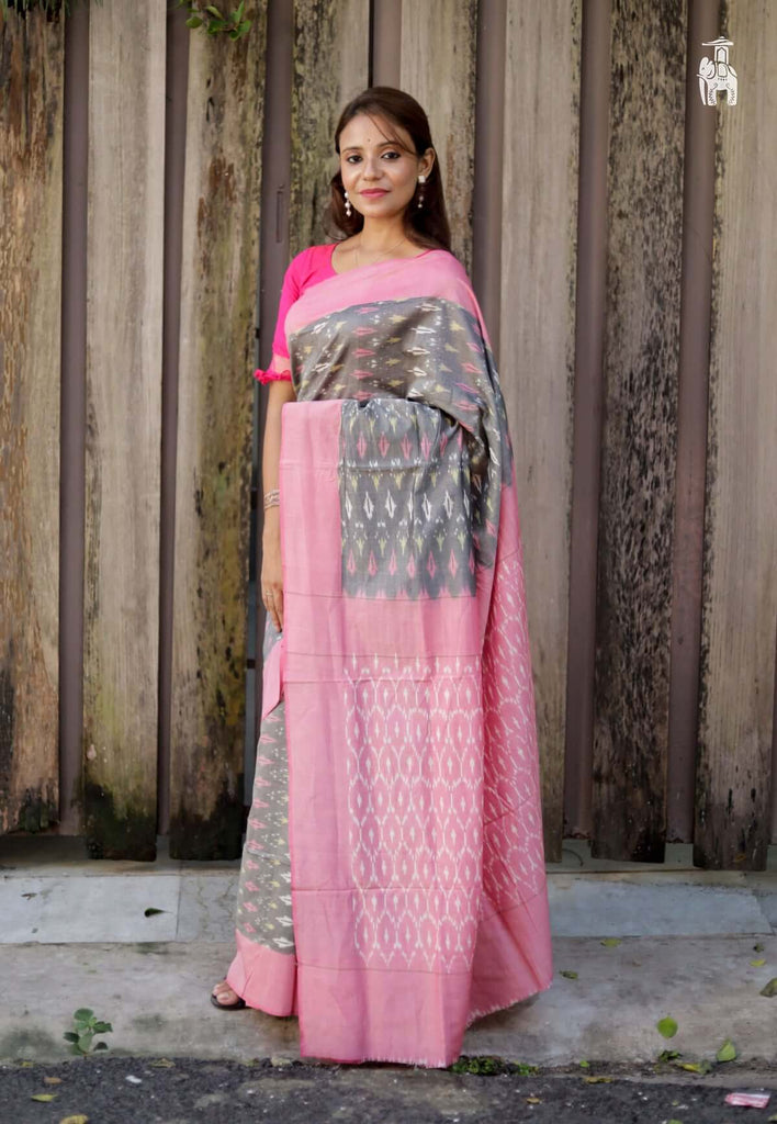 Grey Telia Cotton Saree with Pink Border