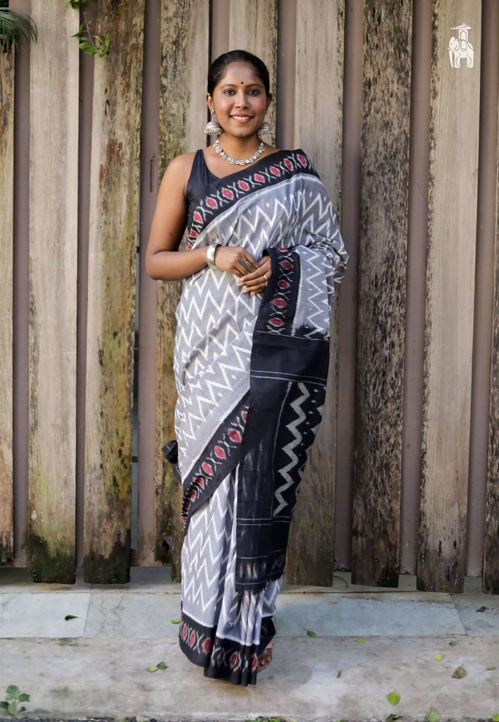 Grey Telia Cotton Saree with Black Border