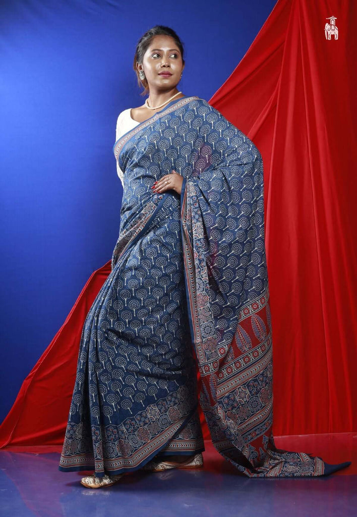 Navy Blue Mulmul Cotton Saree