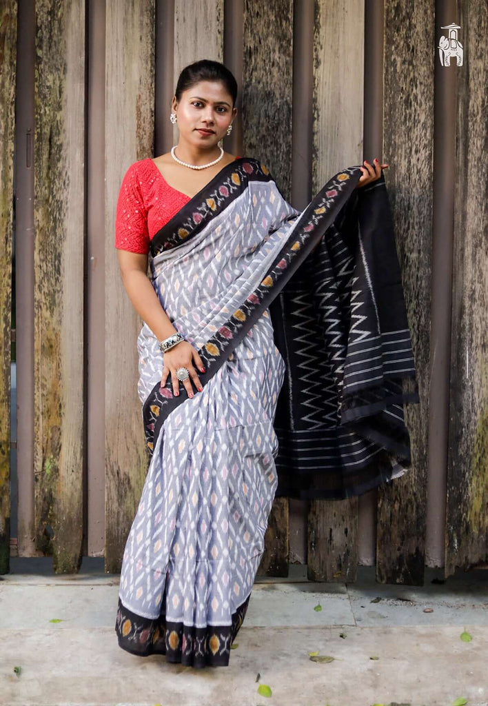 Grey Telia Cotton Saree with Black Border