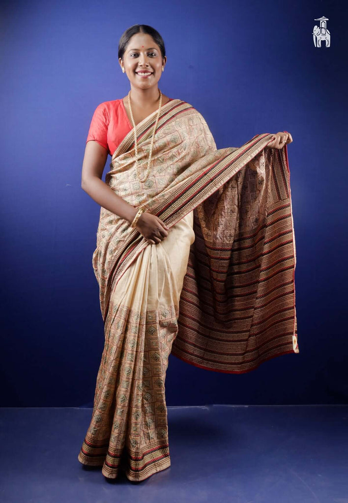 Beige Kantha Stitch Saree