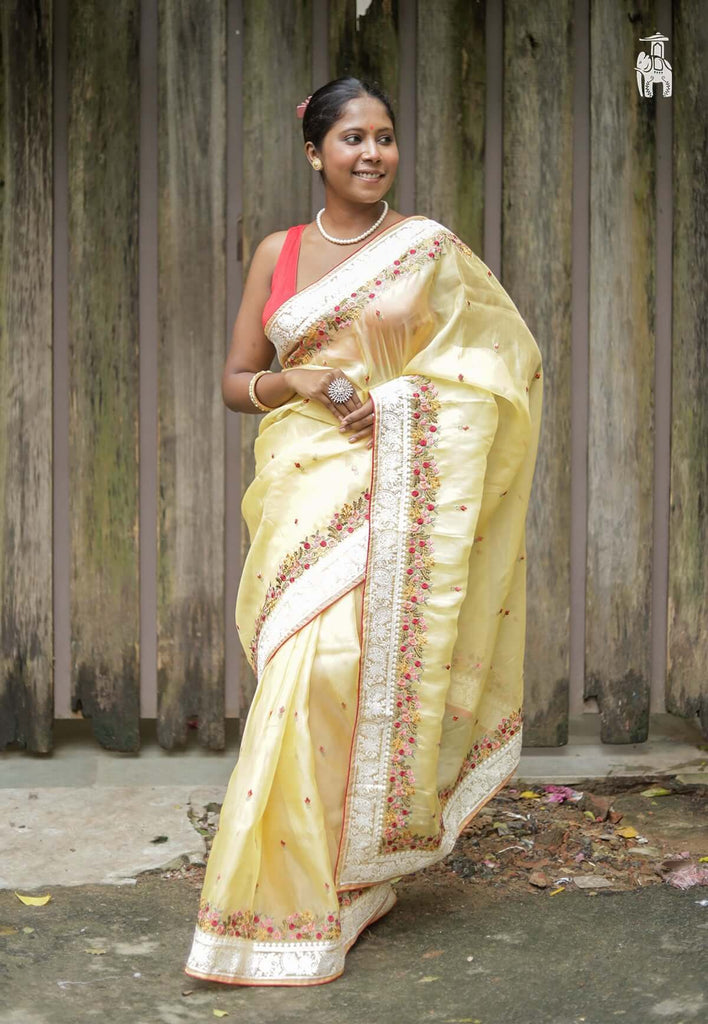 Lemon Yellow Embroidery Work Saree