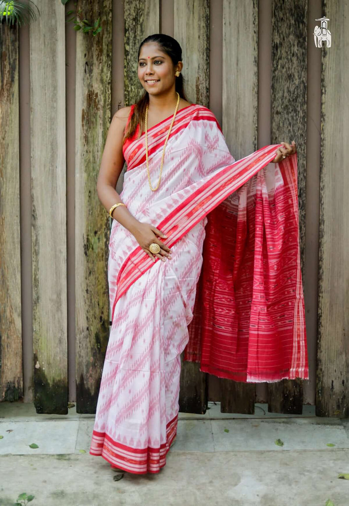 White Telia Cotton Saree with Red Border