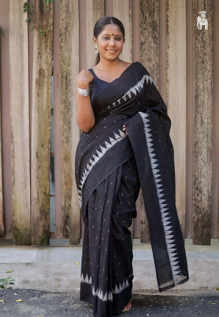 Black Ikkat Cotton Saree with Grey Border