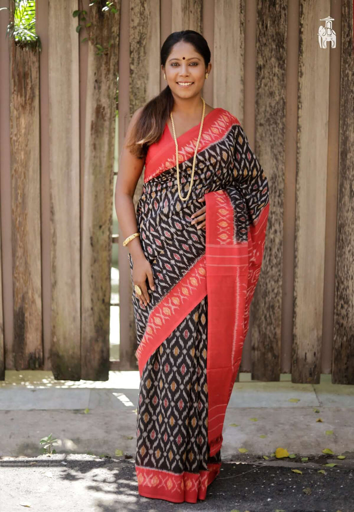 Black Ikkat Cotton Saree with Red Border