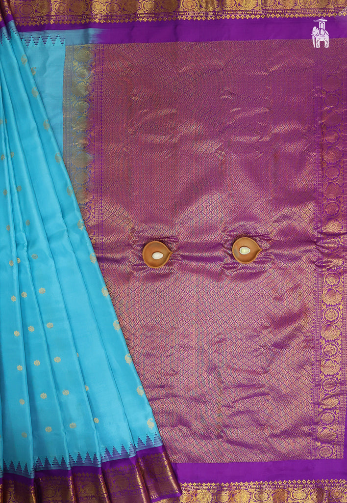 Blue Gadwal Silk Saree with purple border