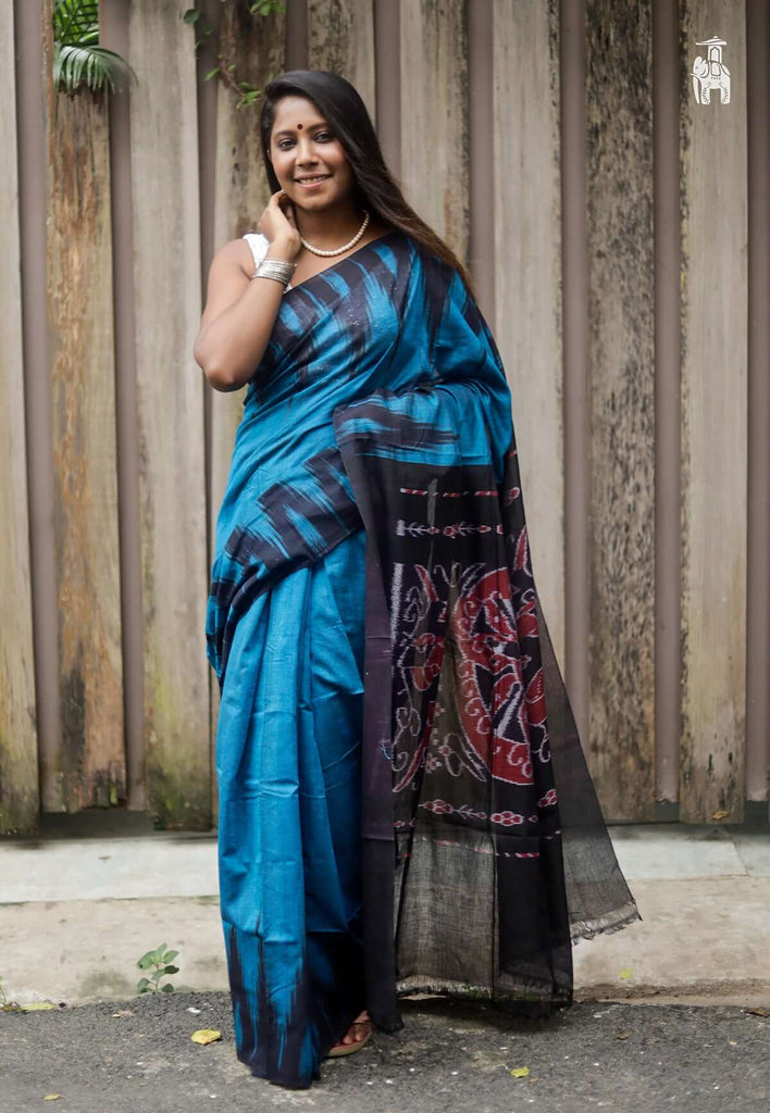 Blue Ikkat Cotton Saree with Black Border