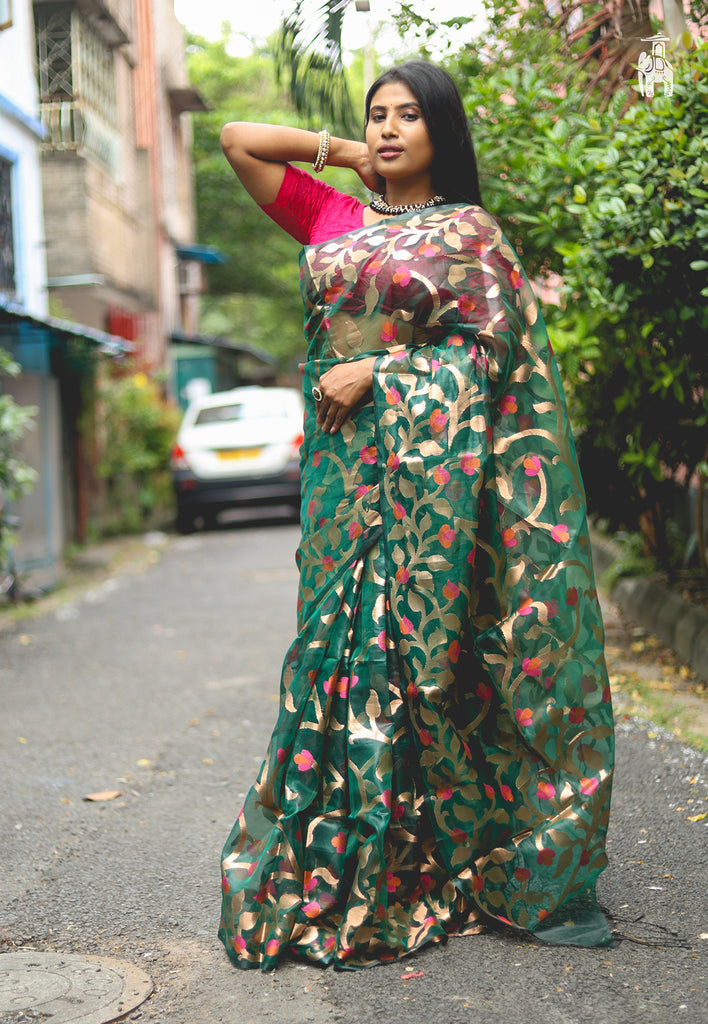 Bottle Green Muslin Dhakai Saree