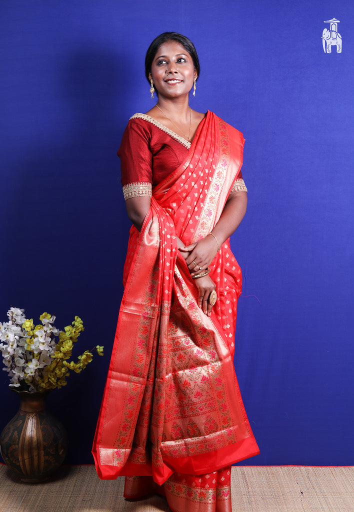 Bright Red Dupion Silk Saree