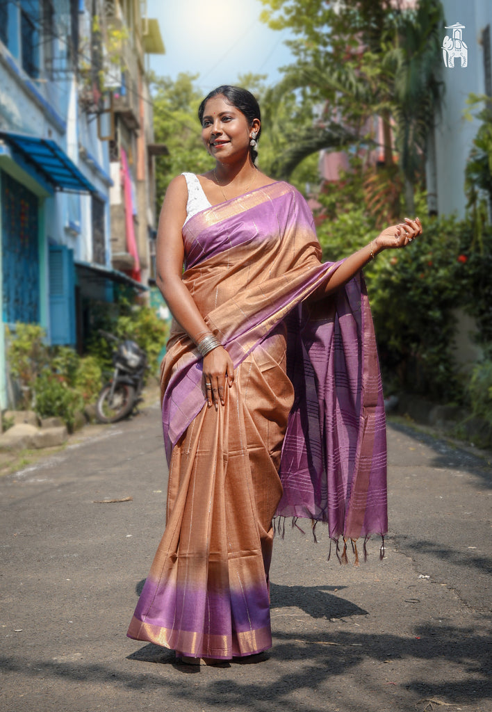 Brown & Puprle Linen Saree