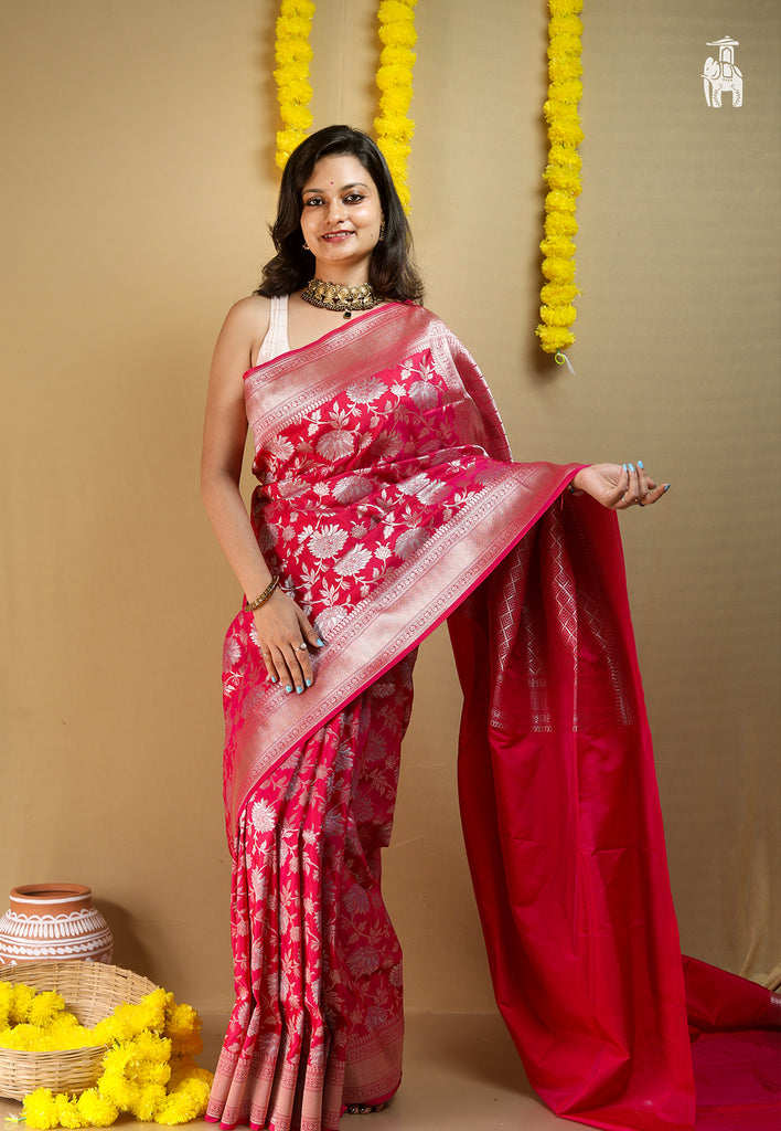 Cherry Red Katan Silk Saree