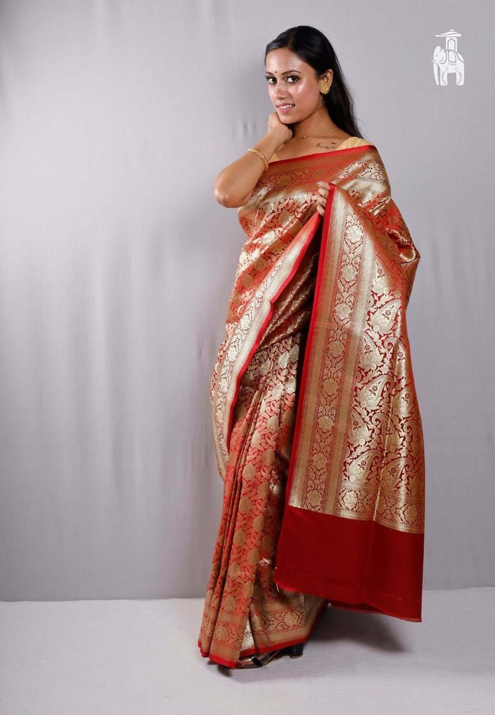 Deep Red Satin Banarasi Saree