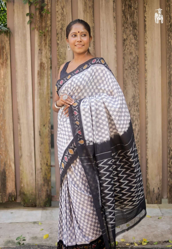 Grey Ikkat Cotton Saree with Black Border