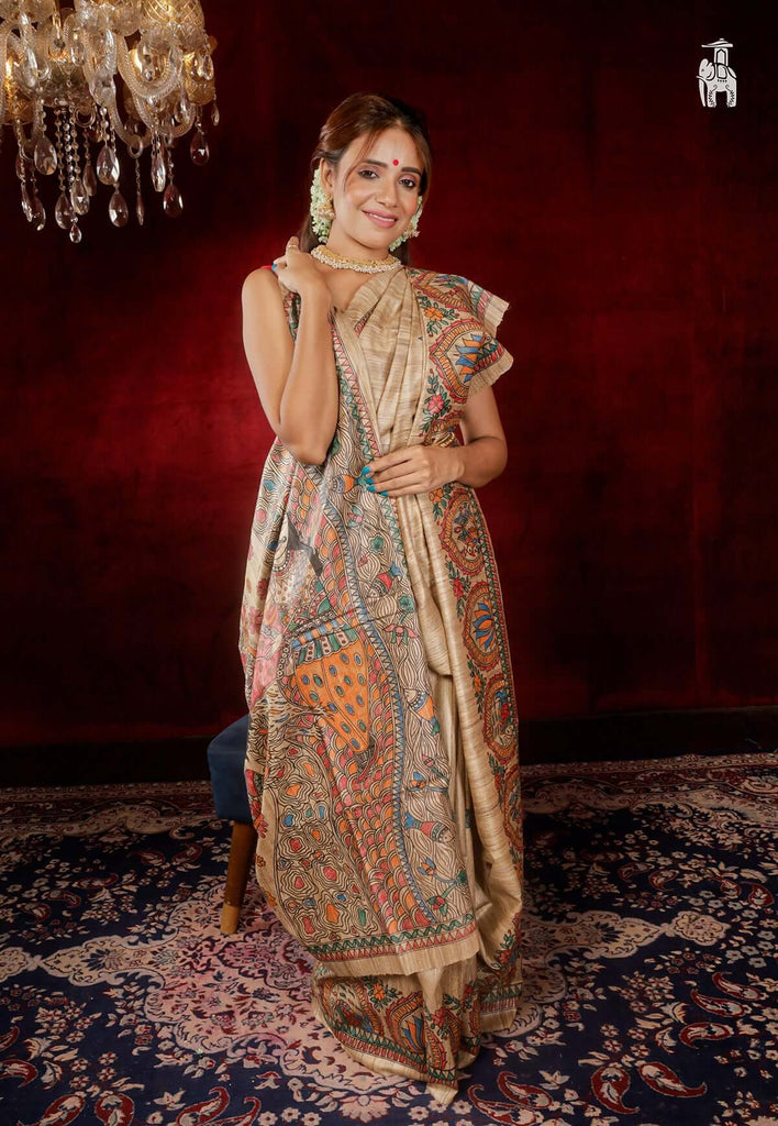 Light Brown Madhubani Print Pure Silk Saree