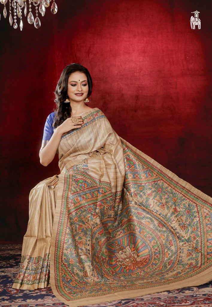 Light Brown Madhubani Print Pure Silk Saree