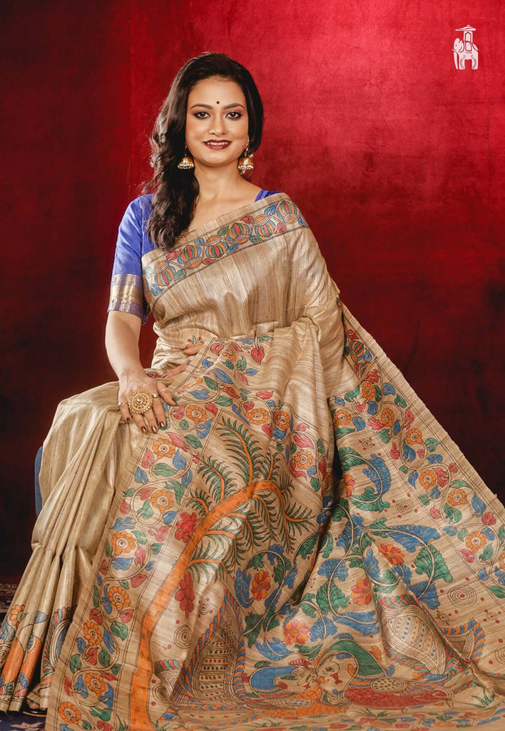 Light Brown Madhubani Print Pure Silk Saree