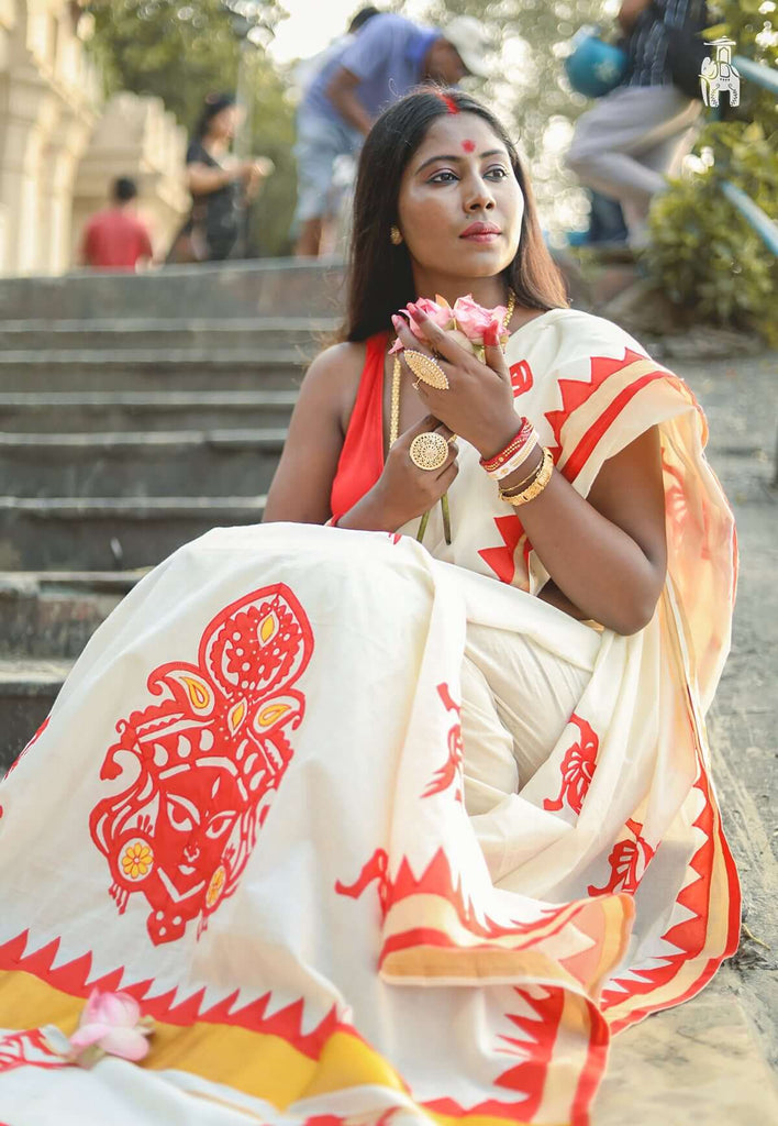 "Maa Durga" White Applique Work Saree